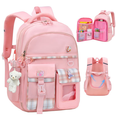 Derstuewe Multifunctional schoolbag with cute doll pendants for boys and girls. Durable and suitable for travel and school