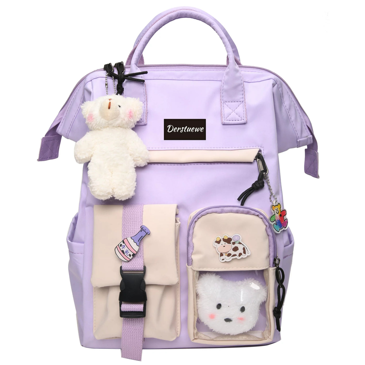 Derstuewe Kawaii Backpack for Girls Women, Backpack with Pin Bear Accessories for College High School Bookbags, Purple