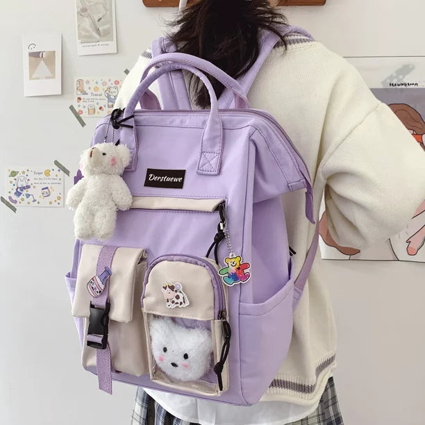 Derstuewe Kawaii Backpack for Girls Women, Backpack with Pin Bear Accessories for College High School Bookbags, Purple