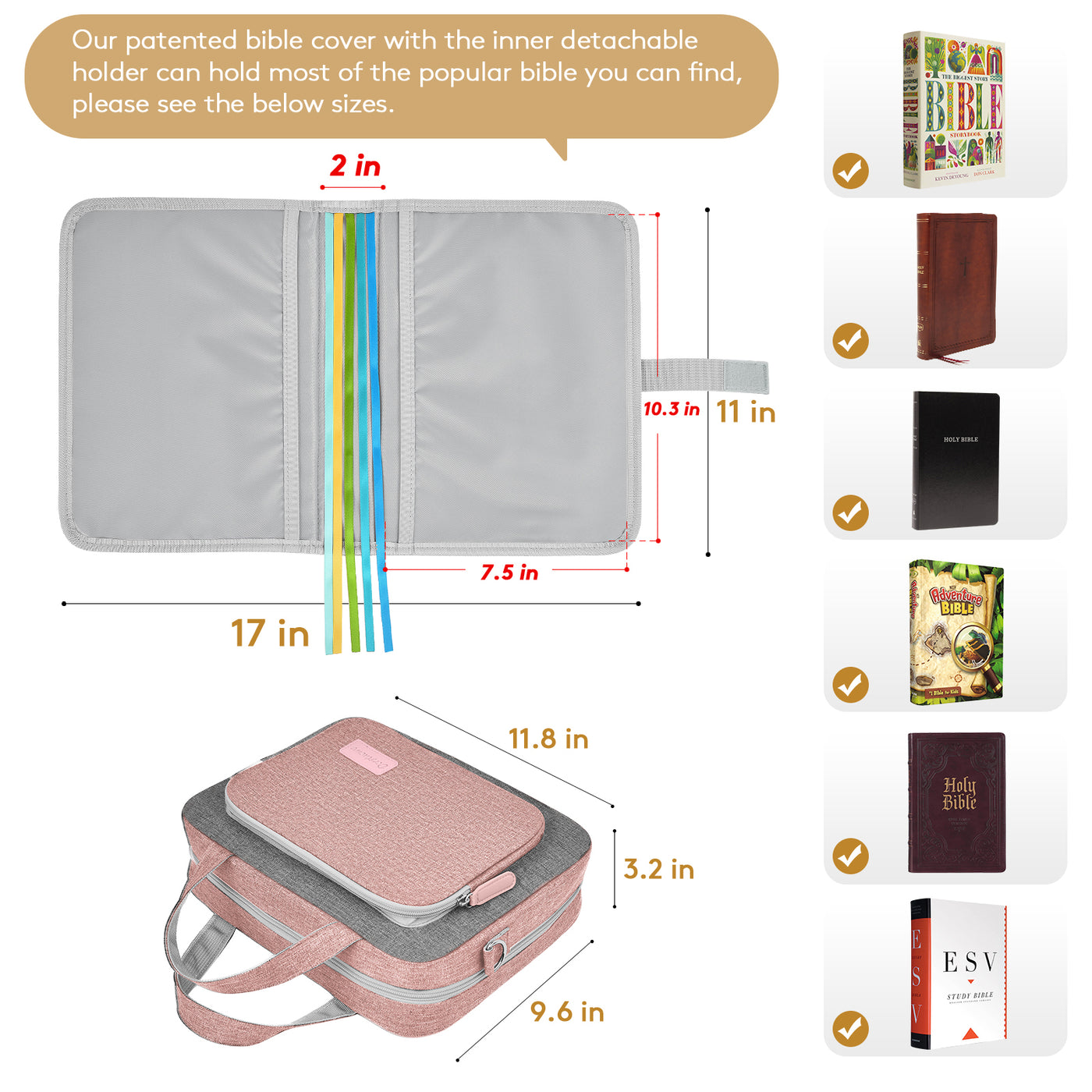 Bible Cover for Women, Book Cover Large Bible Bag Bookcase Church Bag with Handle and Zippered Pocket, Perfect Gift for Men & Women