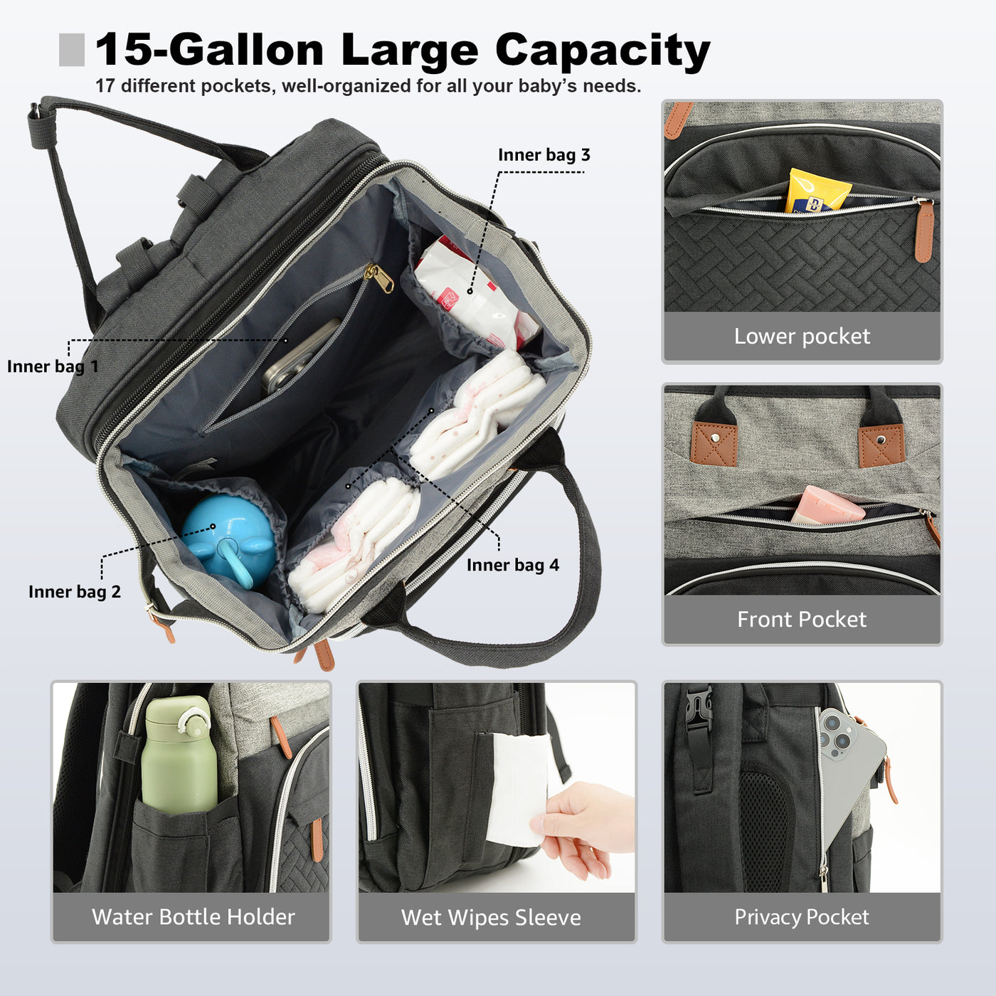 Diaper Bag Backpack for Mom and Dad – Large Capacity Baby Bag w/ USB Port – Waterproof Travel Backpack for Baby Essentials, Stylish Gray/Black