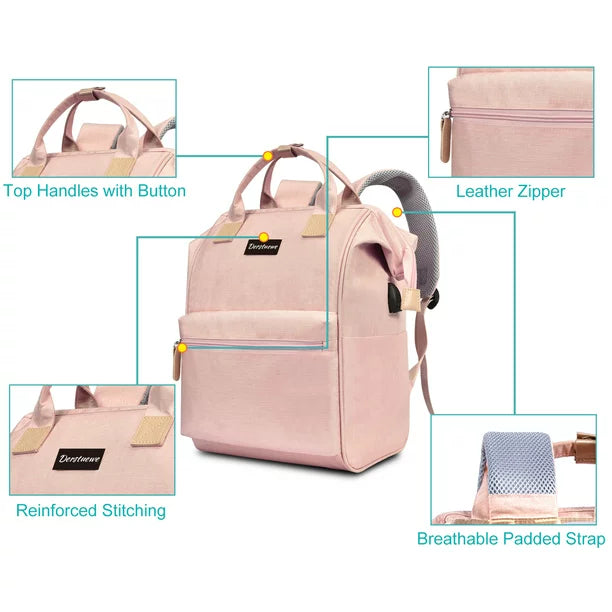 Derstuewe Unisex Classic Backpack, Casual Daypack with USB Charging Port for Women & Men, Pink