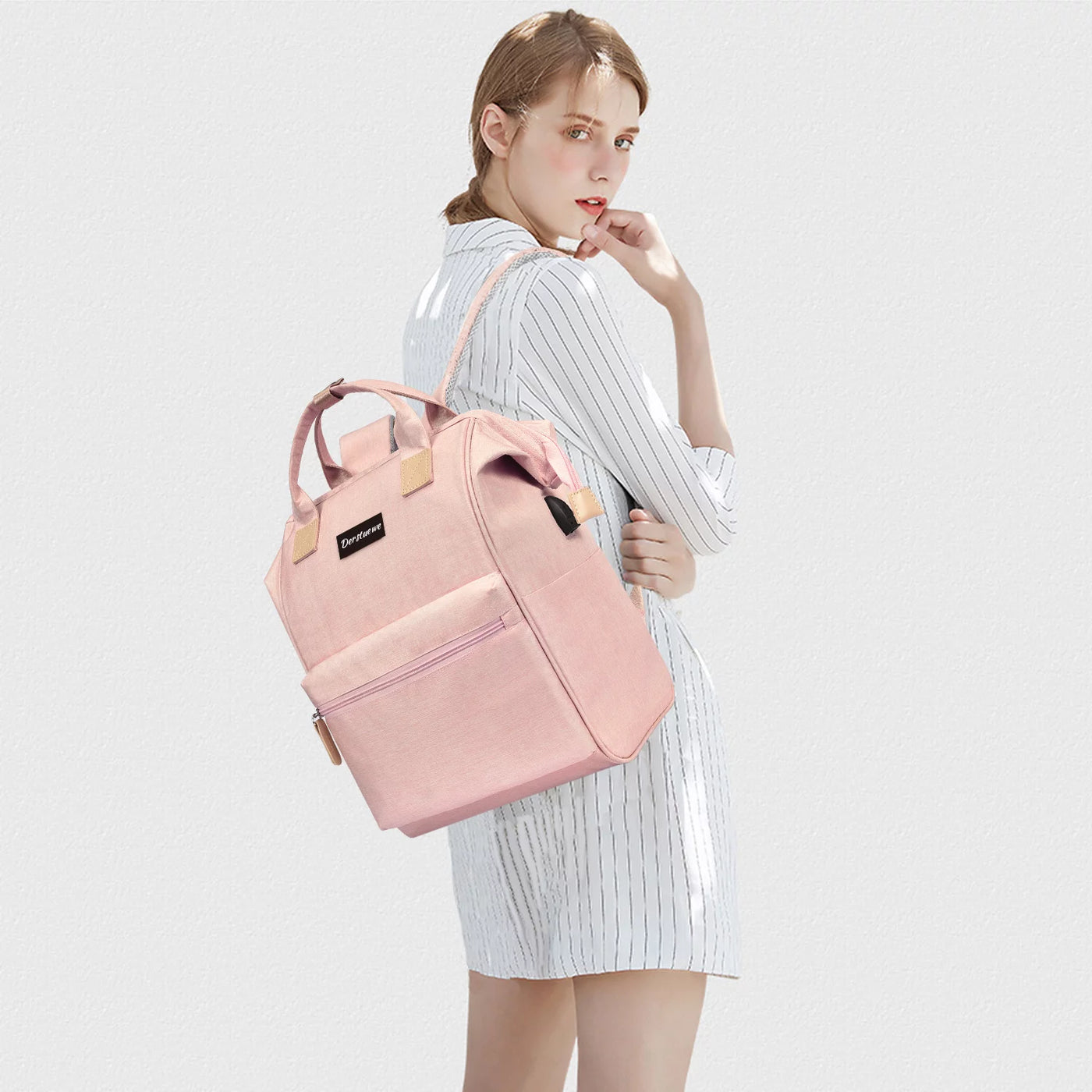 Derstuewe Unisex Classic Backpack, Casual Daypack with USB Charging Port for Women & Men, Pink
