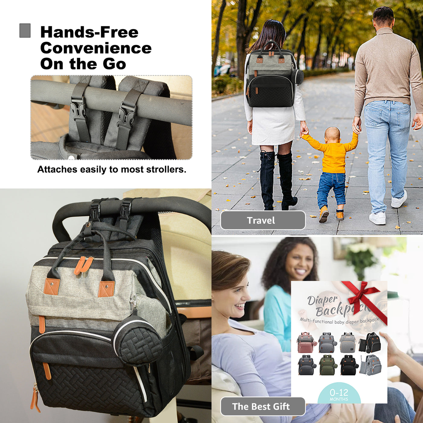 Diaper Bag Backpack for Mom and Dad – Large Capacity Baby Bag w/ USB Port – Waterproof Travel Backpack for Baby Essentials, Stylish Gray/Black