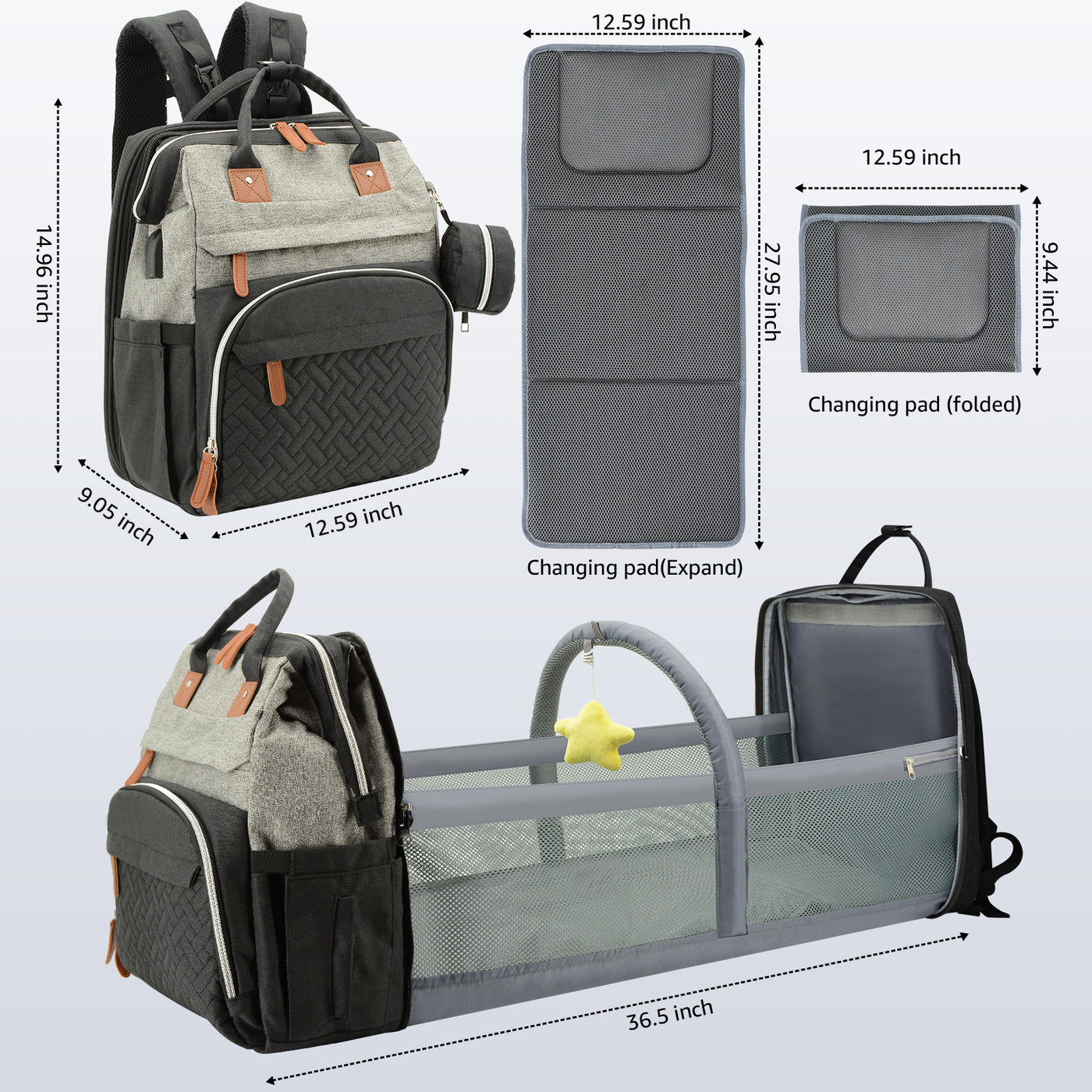 Diaper Bag Backpack for Mom and Dad – Large Capacity Baby Bag w/ USB Port – Waterproof Travel Backpack for Baby Essentials, Stylish Gray/Black