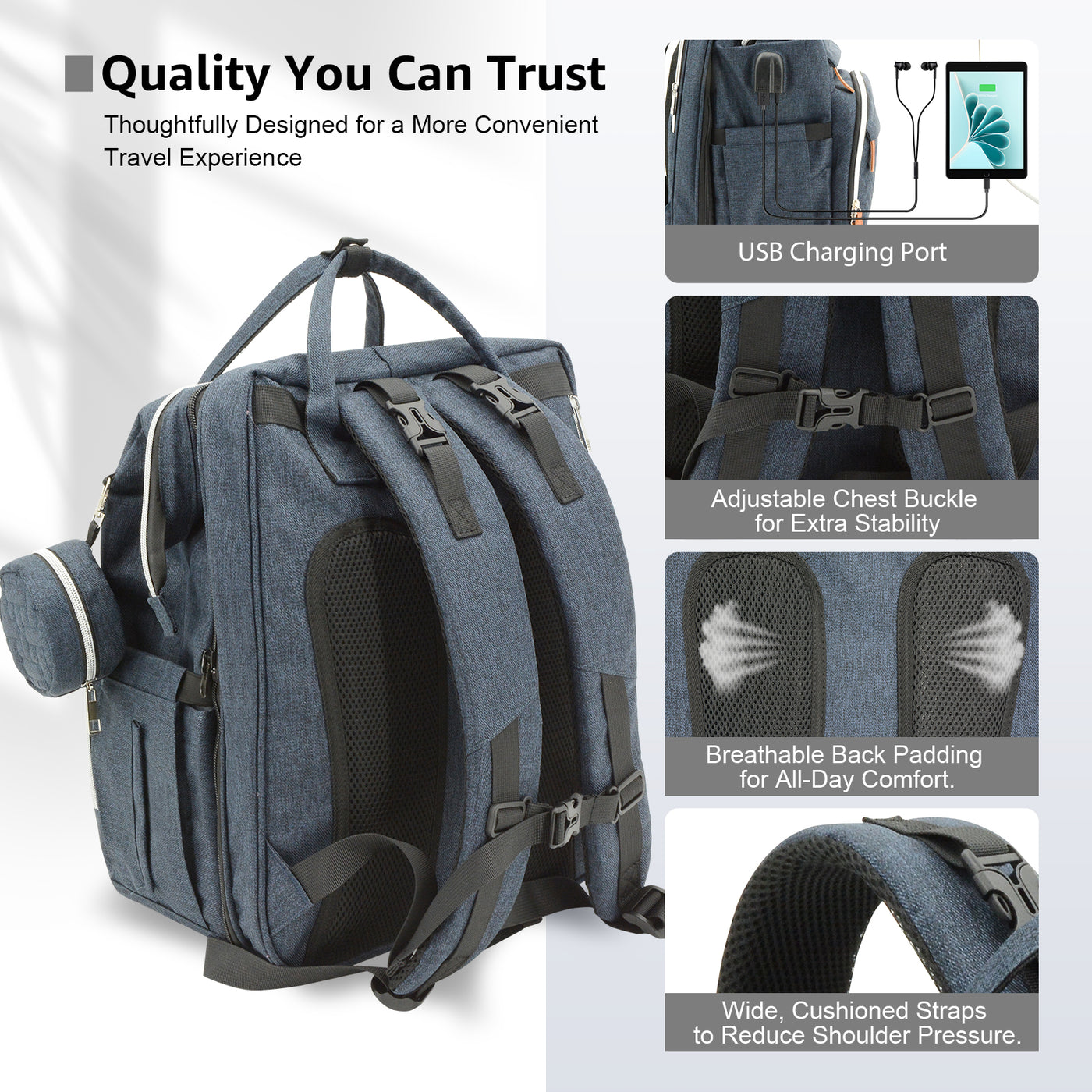 DERSTUEWE Baby Diaper Bag Backpack with Changing Station, Multifunctional Waterproof Portable Baby Bag for Travel– Large Capacity, Blue