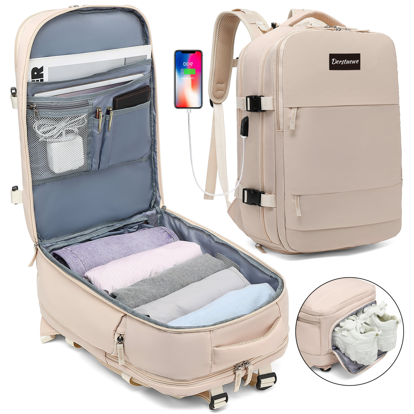 Derstuewe Large Travel Backpack for Women , Carry on Backpack for Outdoor Sports , Waterproof Laptop Bag with USB Charging Port ,Backpack Flight Approved