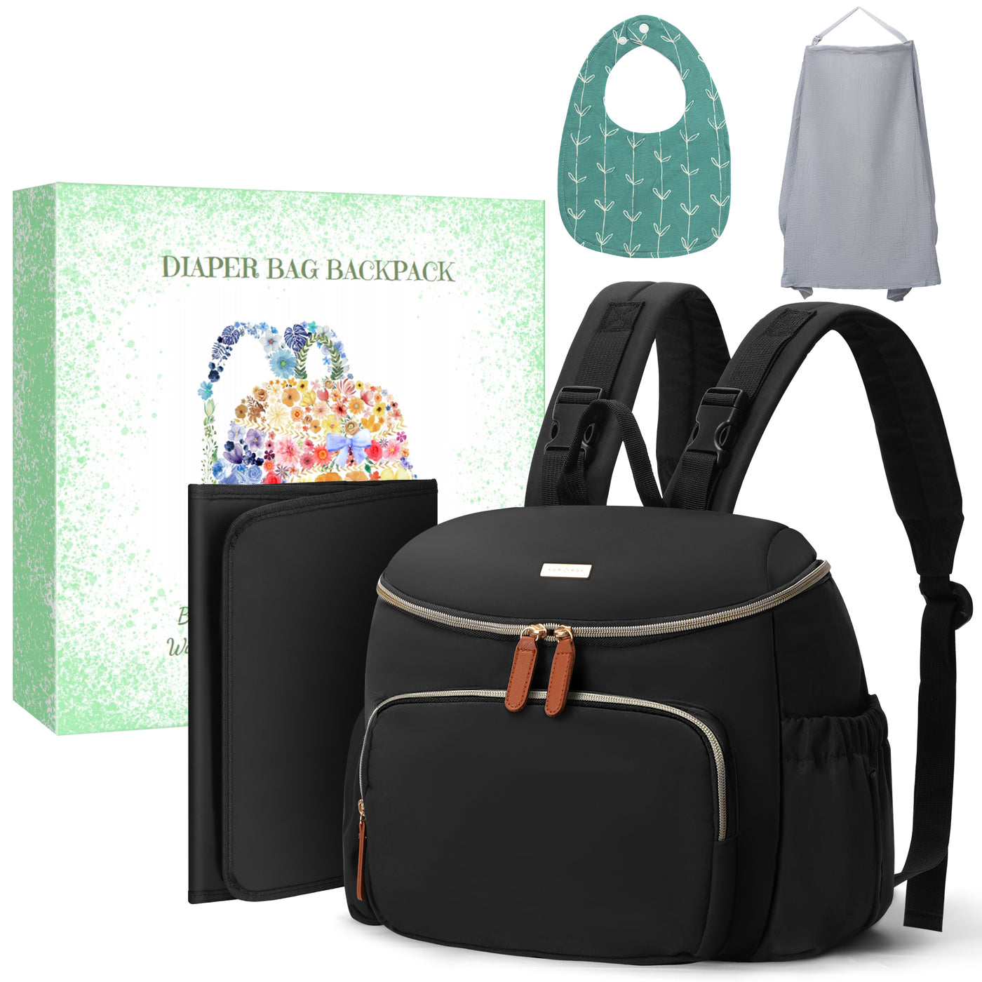 DERSTUEWE Diaper Bag Backpack, Waterproof Baby Bag with Changing Pad, Nursing Cover, Bib & Stroller Straps – Large Capacity Travel Backpack for Baby Essentials, Black
