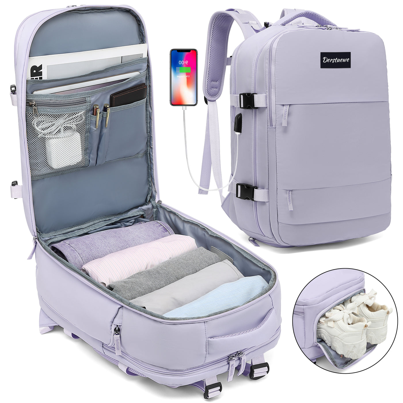 Derstuewe Large Travel Backpack for Women , Carry on Backpack for Outdoor Sports , Waterproof Laptop Bag with USB Charging Port ,Backpack Flight Approved