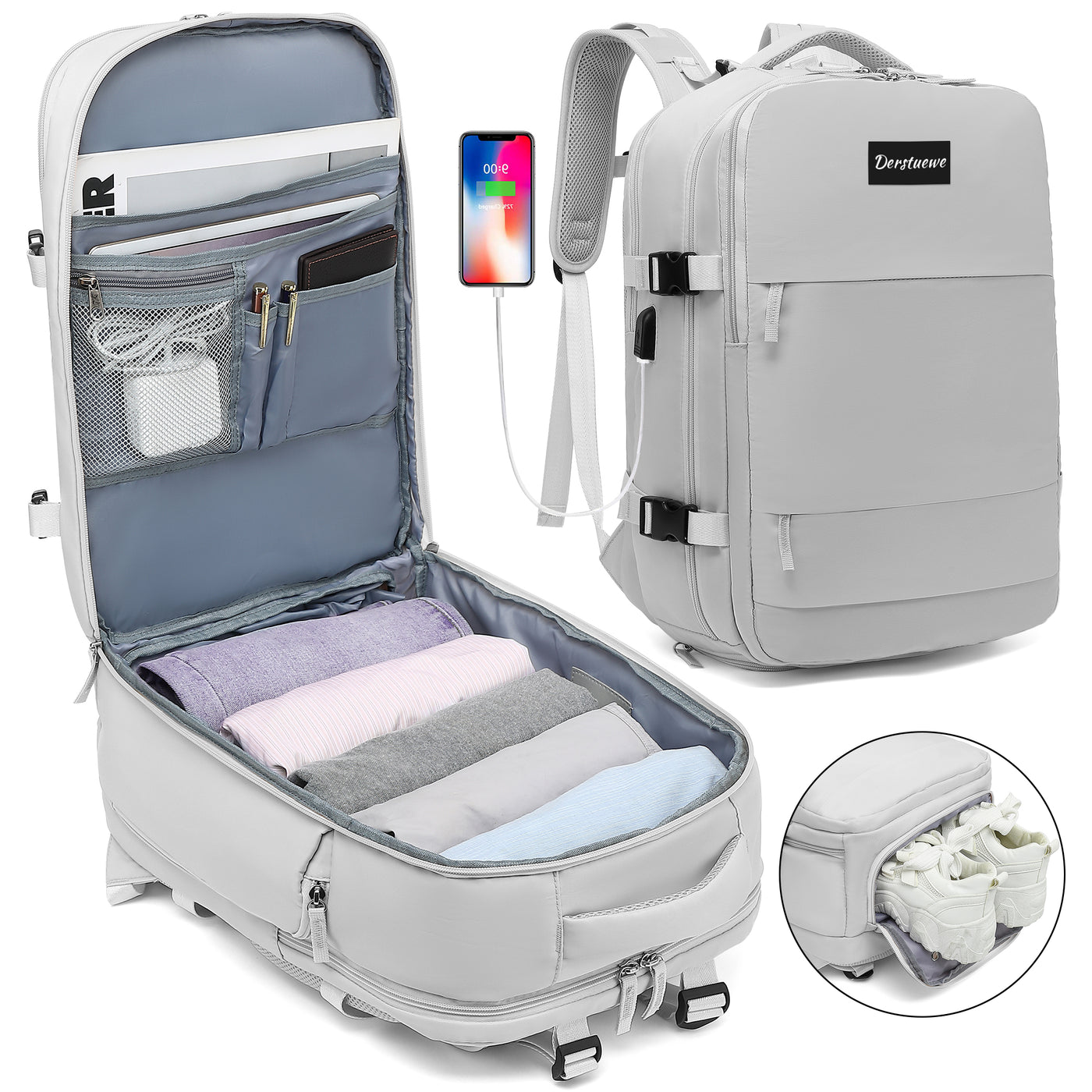 Derstuewe Large Travel Backpack for Women , Carry on Backpack for Outdoor Sports , Waterproof Laptop Bag with USB Charging Port ,Backpack Flight Approved
