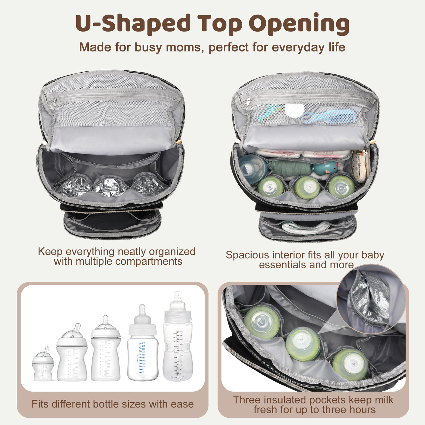 DERSTUEWE Diaper Bag Backpack, Waterproof Baby Bag with Changing Pad, Nursing Cover, Bib & Stroller Straps – Large Capacity Travel Backpack for Baby Essentials, Black