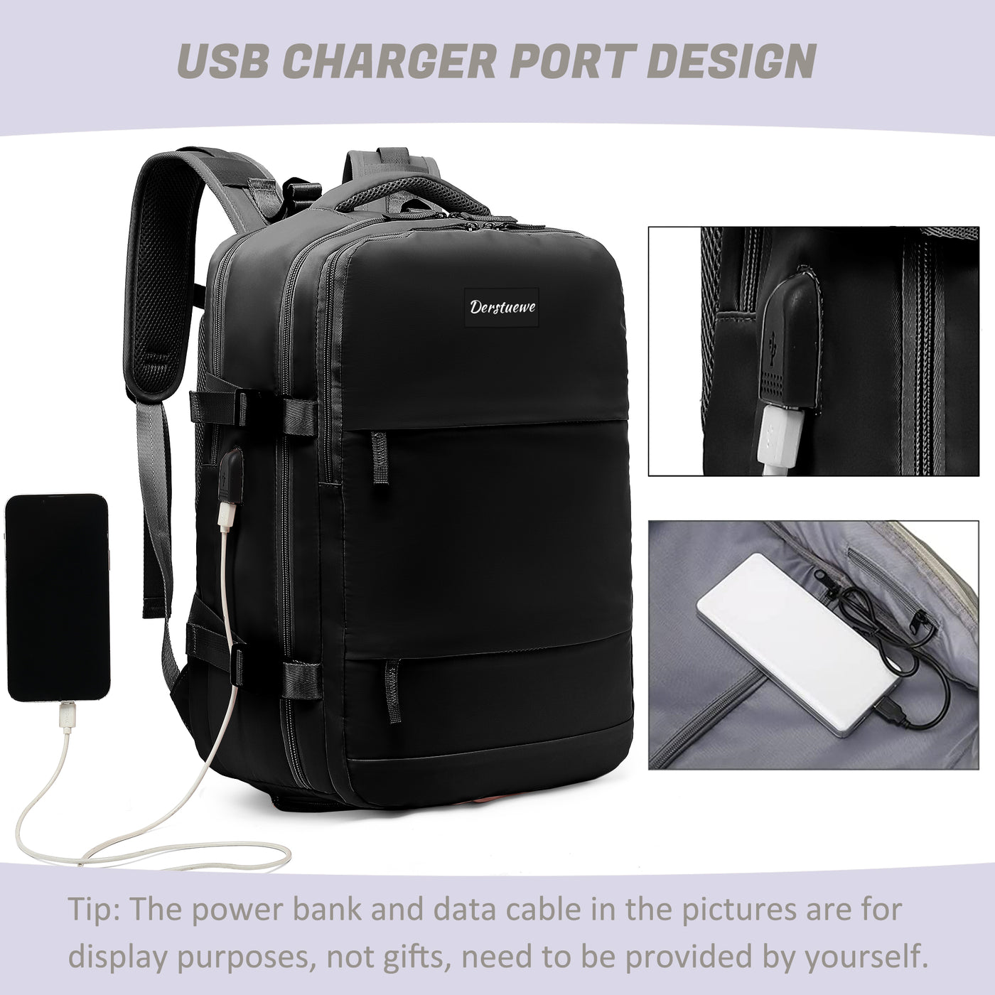 Derstuewe Large Travel Backpack for Women , Carry on Backpack for Outdoor Sports , Waterproof Laptop Bag with USB Charging Port ,Backpack Flight Approved