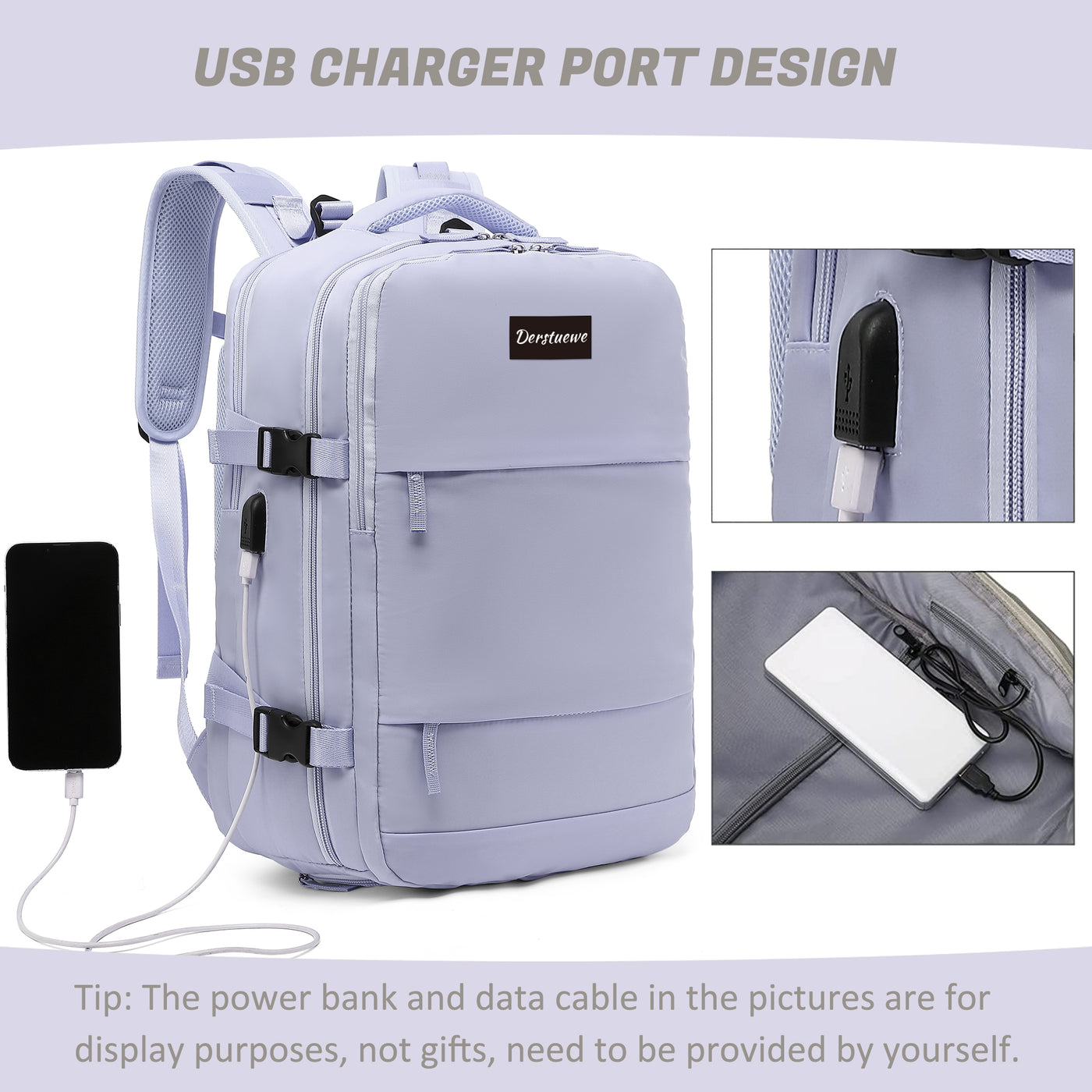 Derstuewe Large Travel Backpack for Women , Carry on Backpack for Outdoor Sports , Waterproof Laptop Bag with USB Charging Port ,Backpack Flight Approved