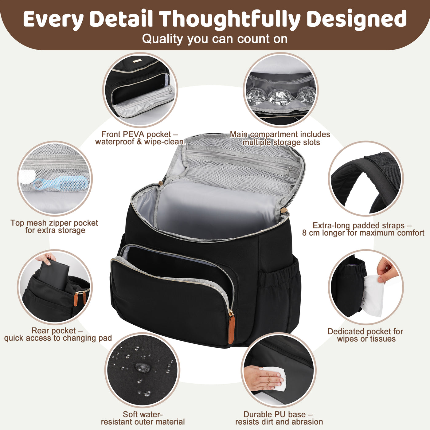 DERSTUEWE Diaper Bag Backpack, Waterproof Baby Bag with Changing Pad, Nursing Cover, Bib & Stroller Straps – Large Capacity Travel Backpack for Baby Essentials, Black
