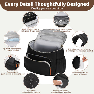 DERSTUEWE Diaper Bag Backpack, Waterproof Baby Bag with Changing Pad, Nursing Cover, Bib & Stroller Straps – Large Capacity Travel Backpack for Baby Essentials, Black