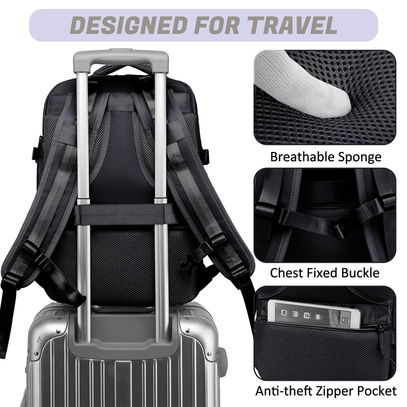 Derstuewe Large Travel Backpack for Women , Carry on Backpack for Outdoor Sports , Waterproof Laptop Bag with USB Charging Port ,Backpack Flight Approved