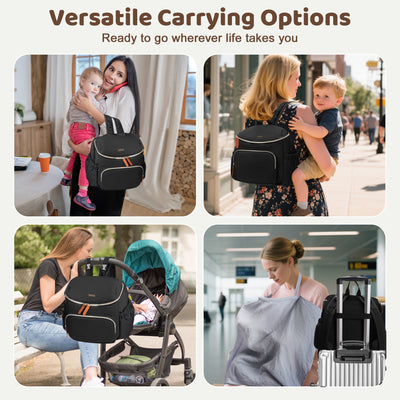 DERSTUEWE Diaper Bag Backpack, Waterproof Baby Bag with Changing Pad, Nursing Cover, Bib & Stroller Straps – Large Capacity Travel Backpack for Baby Essentials, Black