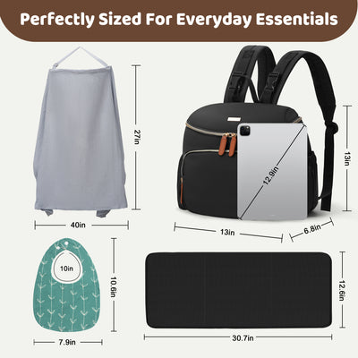 DERSTUEWE Diaper Bag Backpack, Waterproof Baby Bag with Changing Pad, Nursing Cover, Bib & Stroller Straps – Large Capacity Travel Backpack for Baby Essentials, Black
