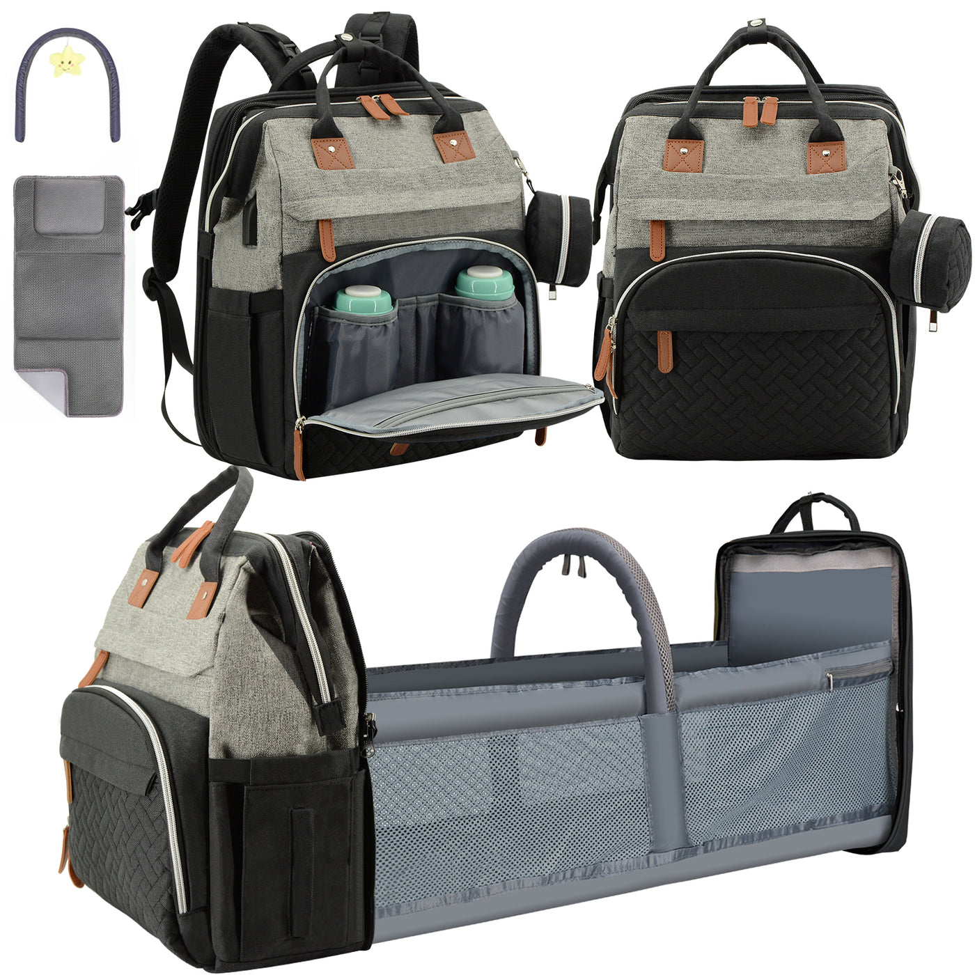 Diaper Bag Backpack for Mom and Dad – Large Capacity Baby Bag w/ USB Port – Waterproof Travel Backpack for Baby Essentials, Stylish Gray/Black