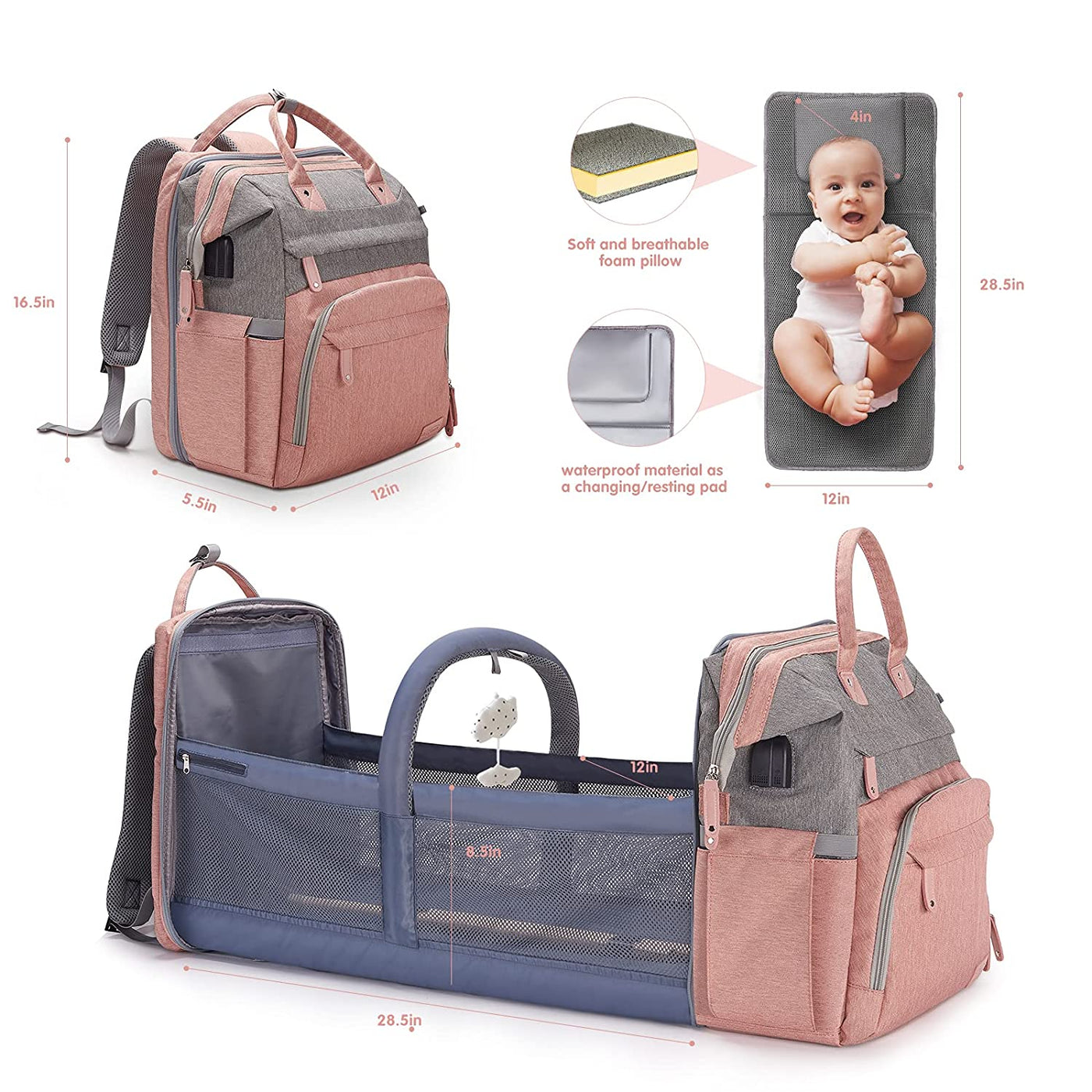 Diaper Bag Backpack with Changing Station, VICVEO Large Baby Diaper Bags  for Boys Girls, Waterproof Travel Back Pack with Bassinet, Portable  Changing Pad, Pacifier Case & Stroller Straps 